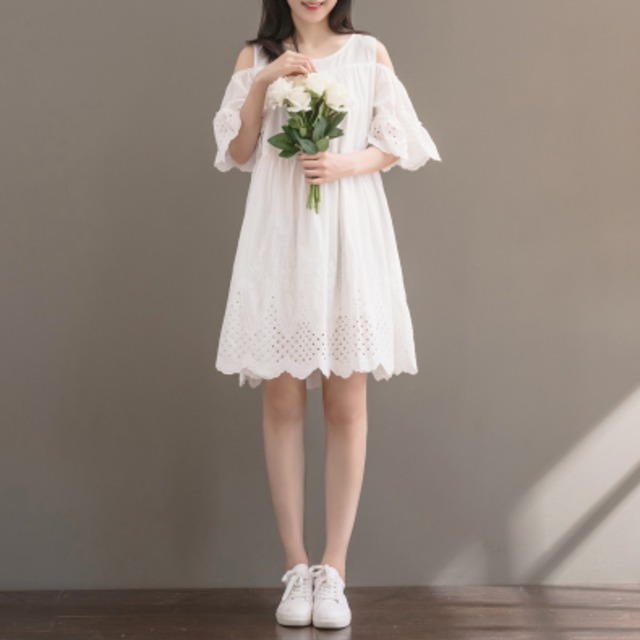 森ガール オフショルダー ミニワンピース 白 ミニ丈 夏 まるで天使 半袖 超爽やか Cinderella Story