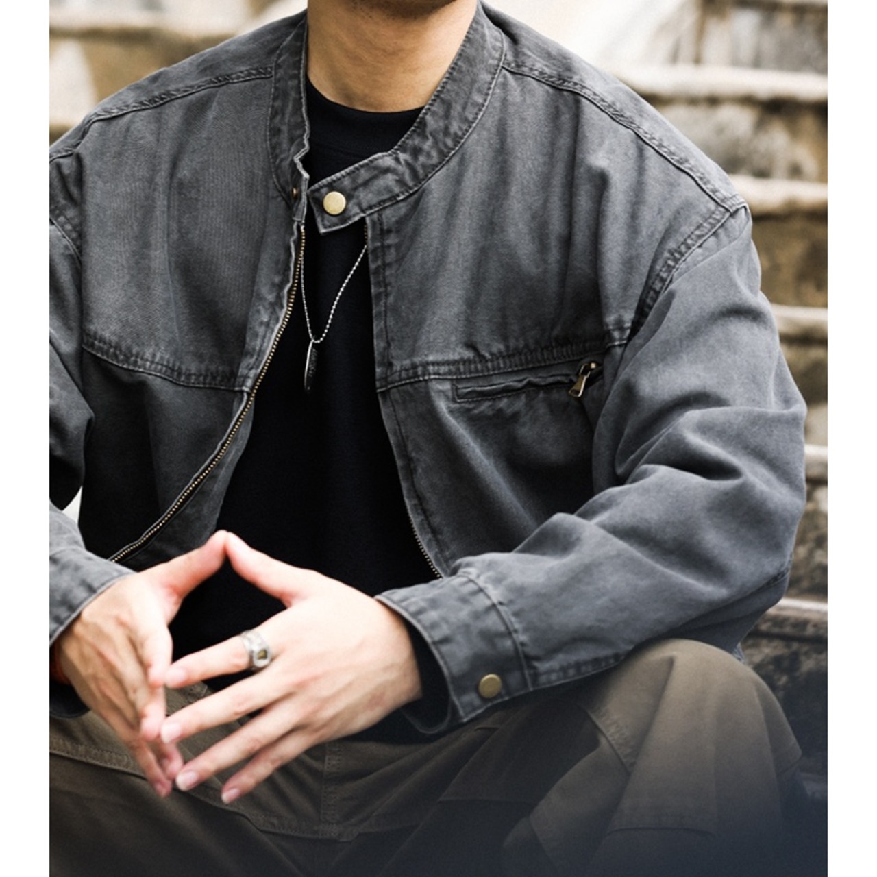 Stand Collar Front Zip-Up Work Jacket ◇H0361