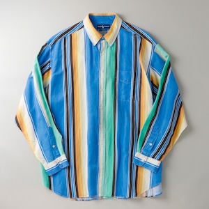 【極美品】80s Ralph Lauren special silk linen shirt Blue Stripe big size "BLAKE" / ラルフローレン スペシャル シルク リネン シャツ ブルー ストライプ 長袖 ビッグサイズXXL
