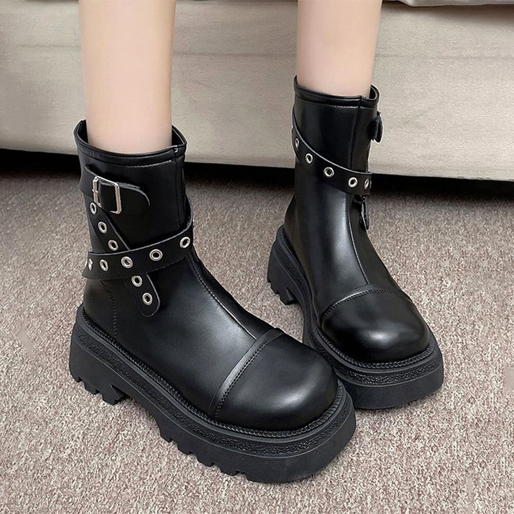 厚底 ショートブーツ レディース 秋冬 PUレザー おしゃれ 大人 ベルト