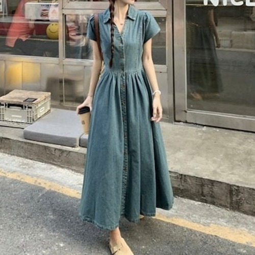2024夏 韓国ワンピース デニム シャツ ロング丈 半袖 ボタン Aライン 細見え 夏 青 ブルー おしゃれ かわいい キュート 甘め きれいめ 韓国ファッション レディース お出かけ