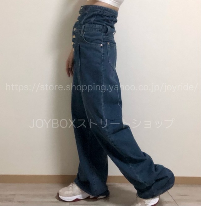 ハイウエスト ボタン デニム パンツ ジーンズ 折返し 韓国 ストリート