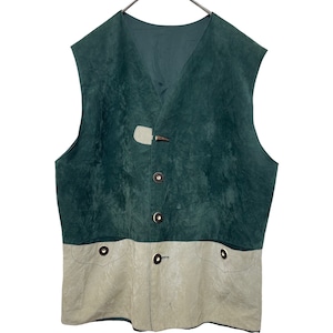 『美品 VINTAGE toggle button fake suede leather rayon100% big silhouette over size Tyrol Tyrolean Vest』USED 古着 ヴィンテージ トグル 水牛調 ボタン フェイク スエード レザー レーヨン100% ビッグ シルエット オーバー サイズ チロル チロリアン ベスト