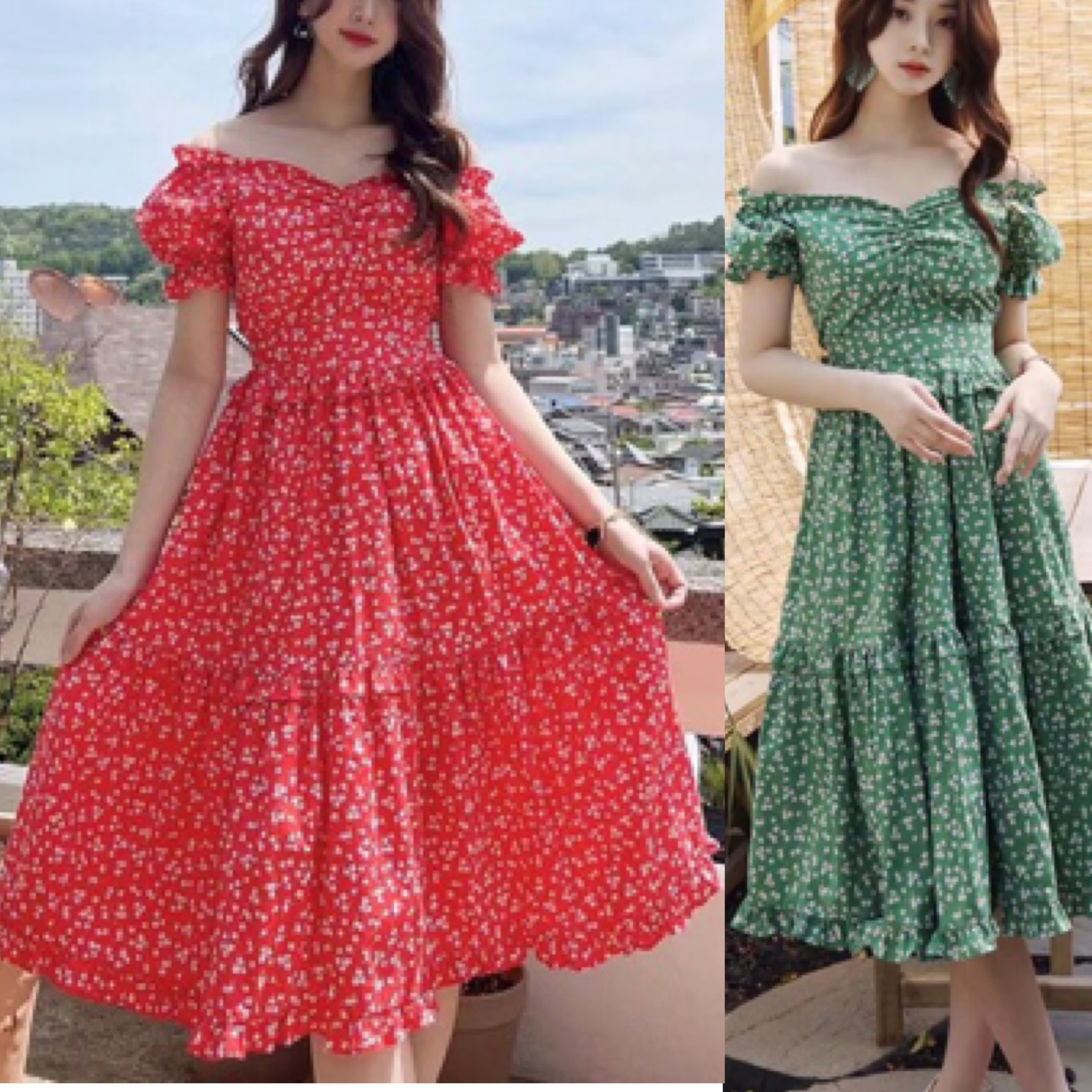 2カラー】オフショルダー ワンピース グリーン 赤 | LOVEYsmileSHOP