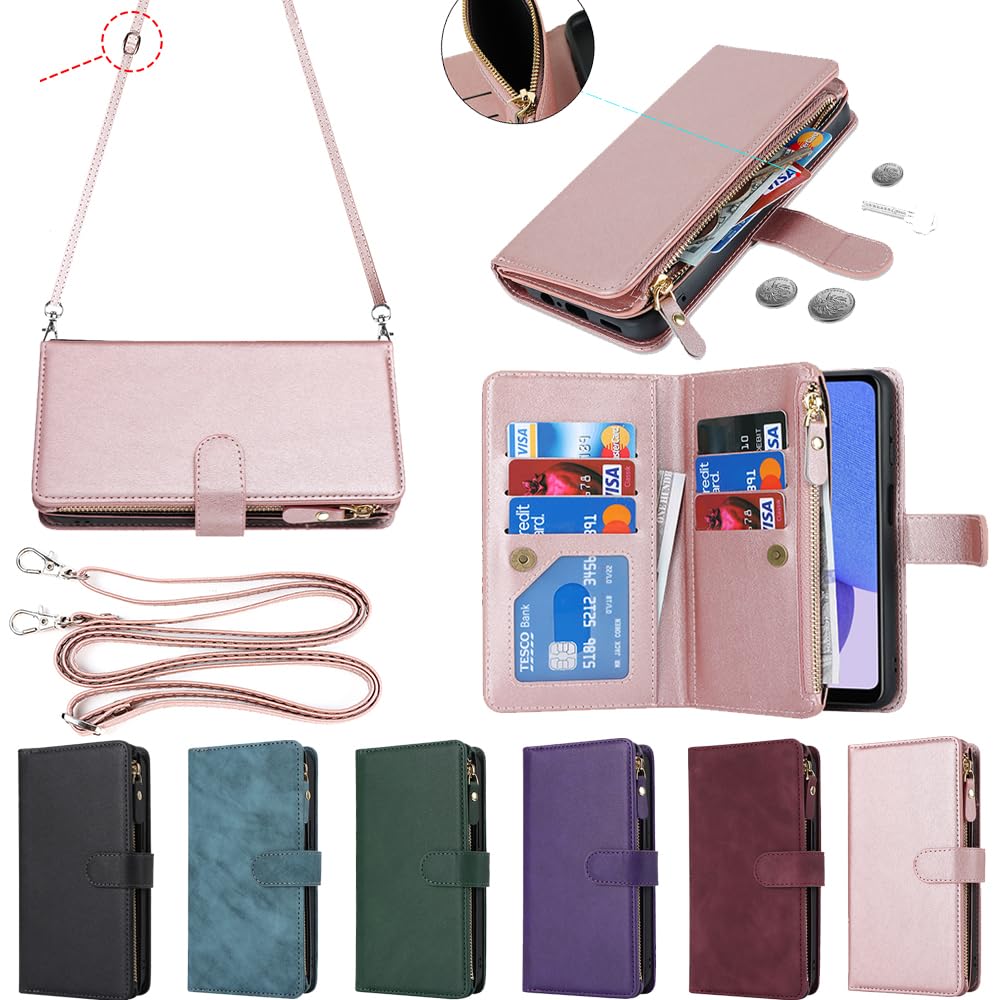 Eastwave for Galaxy A23E A23 5G ケース ギャラクシー for Galaxy A23 5G A23E 日本語版 縄掛けケース Samsung A23E A23 5G 手帳型 財布型 ICカード コインポケット ストラップ付き カード 収納 小銭入れ ファスナーポケット付き PUレザー 6色 ピンク