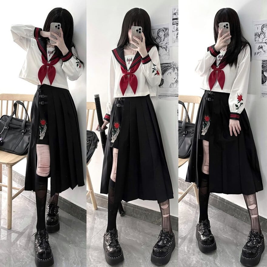 サブカル 服 地雷系 通販 ファッション 女子 セーラー服 3 セットアップ 長袖 ミニスカ スカーフ ベビードール 量産型