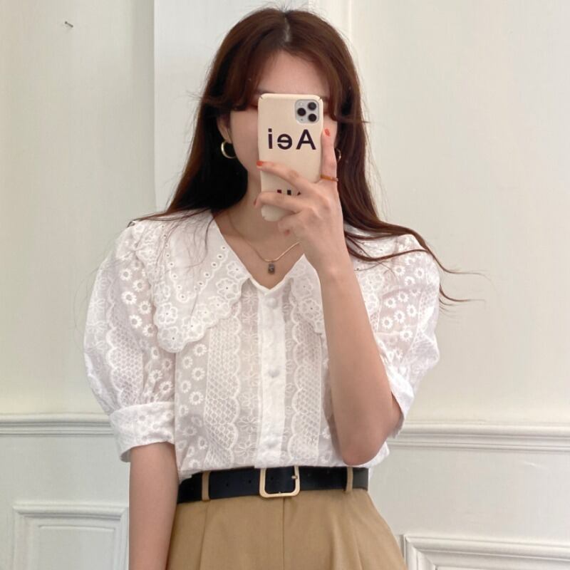 カラーレースブラウス サマーシャツ ショート 夏物 YY-ファッション21775329375