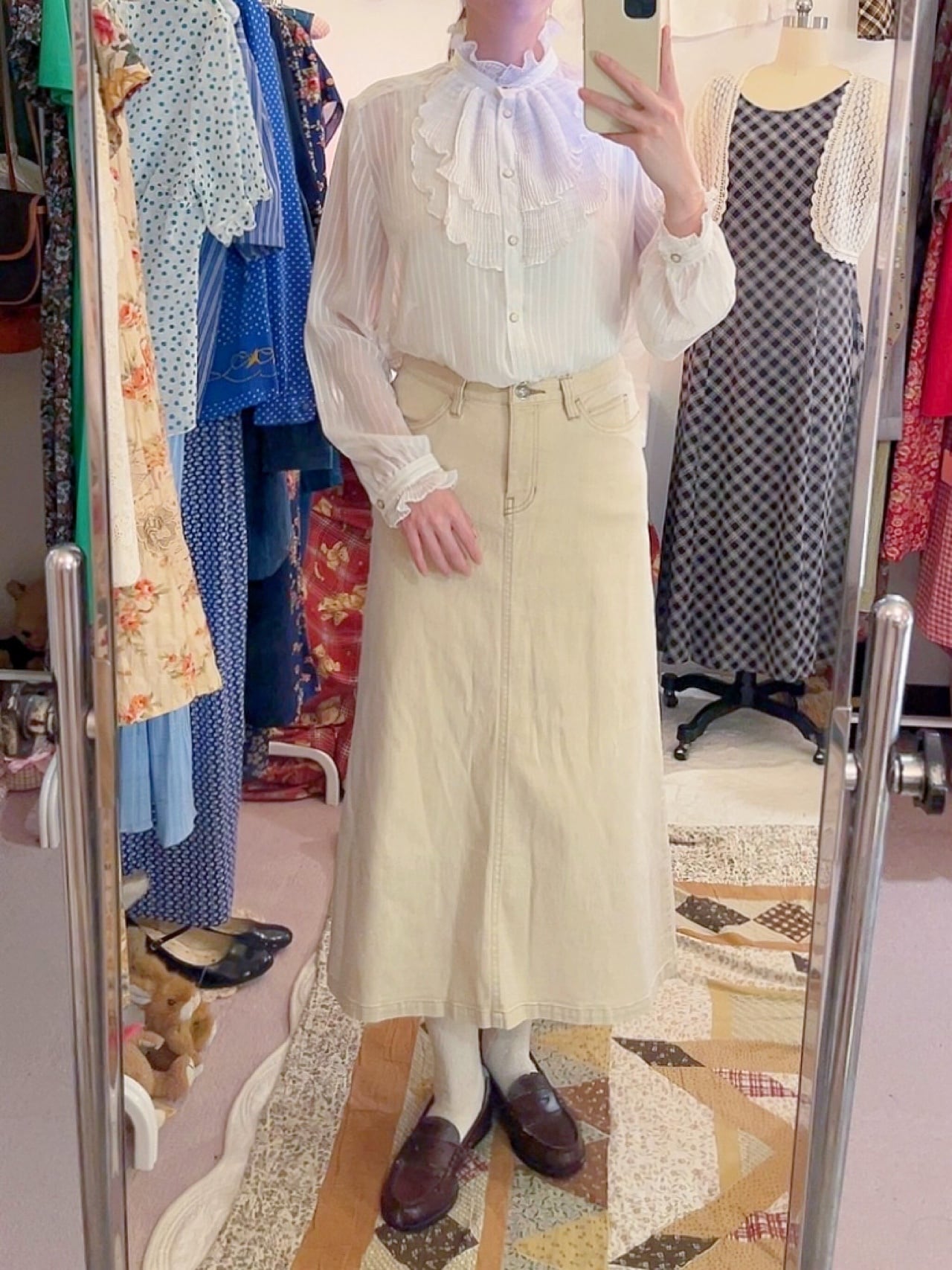 lame stripe sheer frill blouse