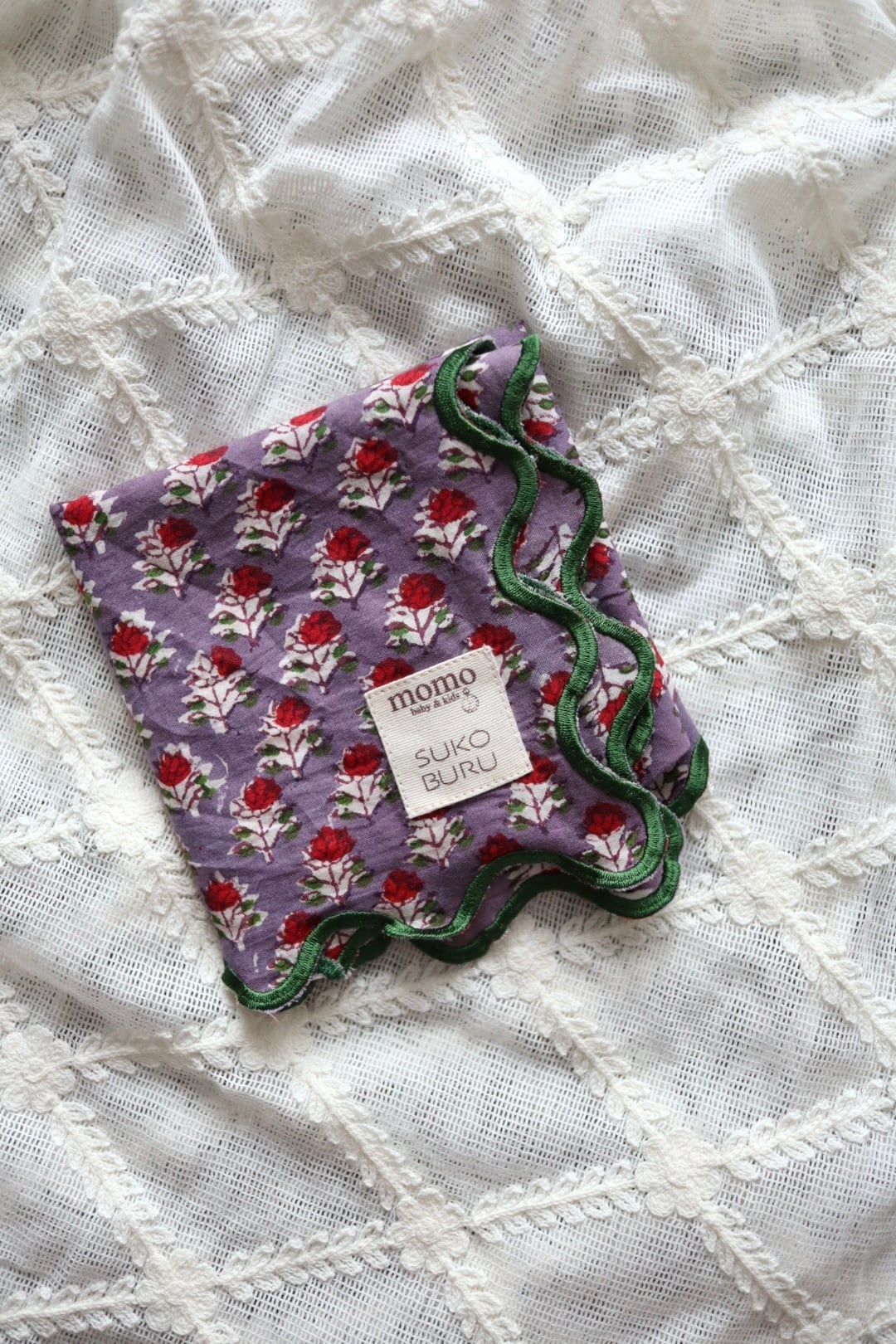 【別注】ブロックプリント ウェーブ刺繍ハンカチ mini bara【momo×SKOBURU】