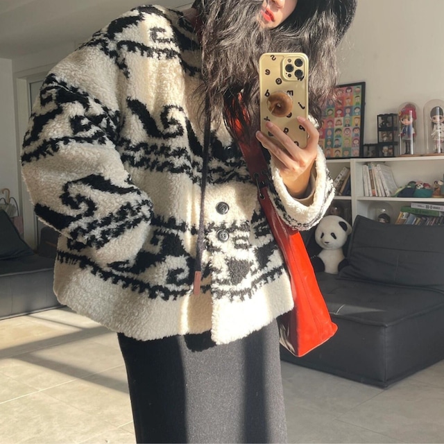 geometric pattern boa hooded jacket J00168