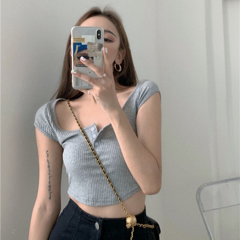 グレーのハイウエストTシャツレディースサマースリムスリミング半袖2020新しいスモールショートトップインタイドのバージョン ブラックストロベリース5720085987