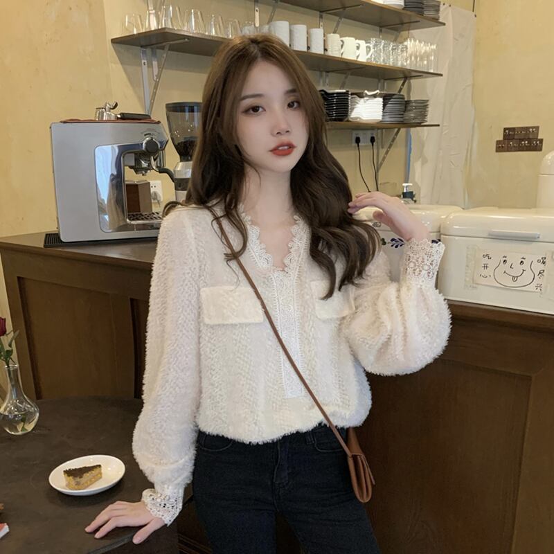 スタンダードVネックシャツ トップス スプリングシャツレディース ロング レトロ 春物 試着室10050449646