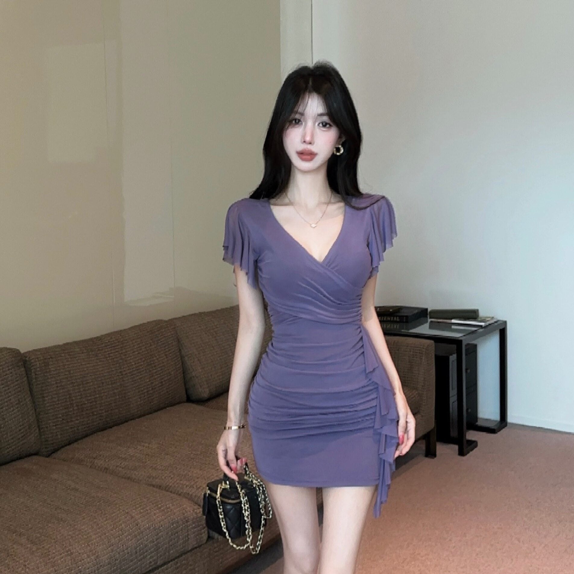 【2色】ミニドレス レディース V ネック フリル袖 シワデザイン サイドフリル パープル タイト セクシー 夏デートコーデDQ2-DD0232