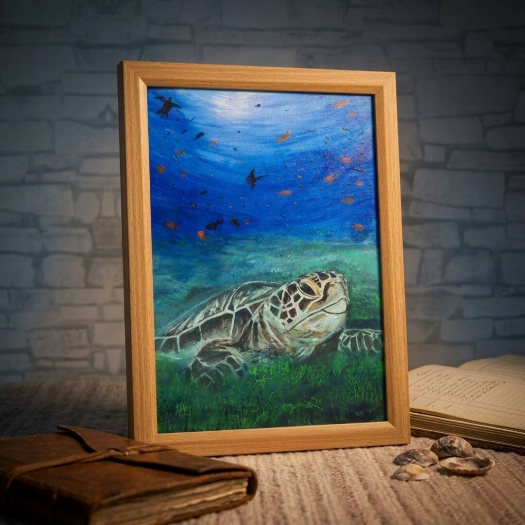 油絵 原画『光射す深海へ〜癒やしのウミガメ〜』額縁付き 絵画 海