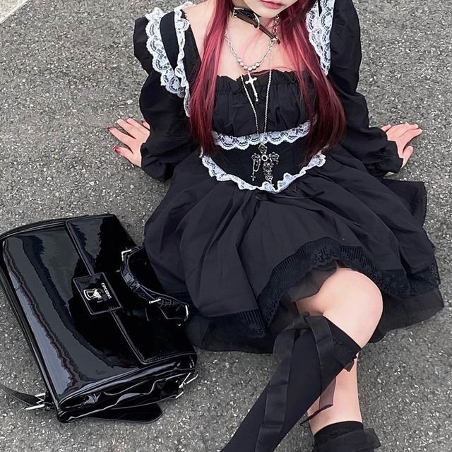 天使と悪魔 ワンピース ドレス レース ゴシック パンク パフスリーブ ハイウエスト Aライン セクシー 地雷系 バンギャ 10代 代 天使と悪魔 サブカル系ファッション Seasonz