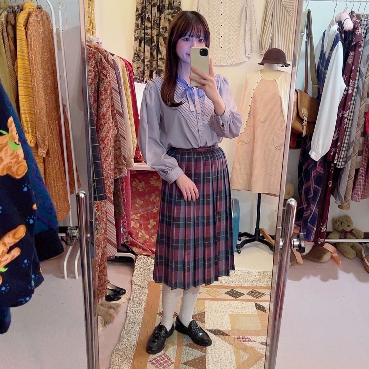 pink green check pleats skirt