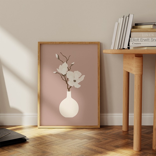 花瓶と花のポスター　/ i1428 / ベージュ調の抽象画　花や葉　韓国インテリア　アートポスター