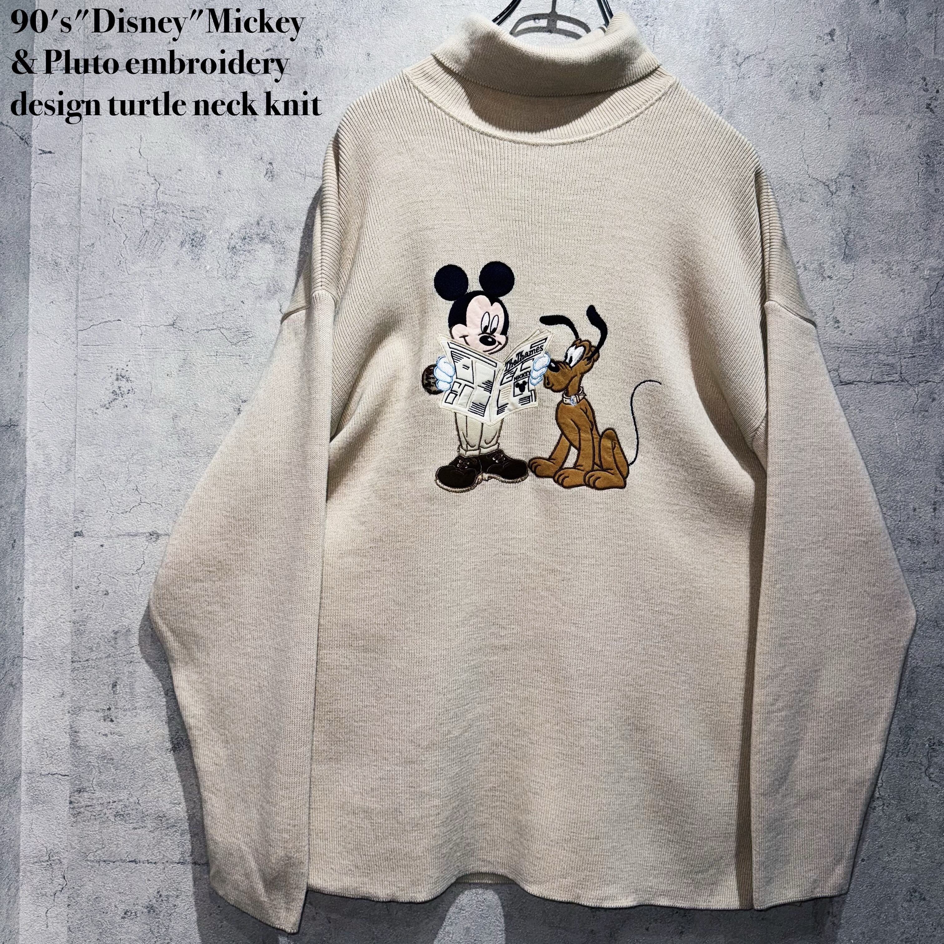 90's"Disney"Mickey& Pluto embroidery design turtle neck knit