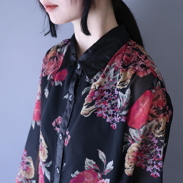 satin fabric switching design flower pattern see-through shirt