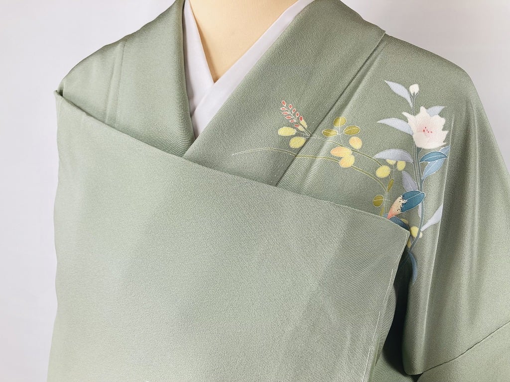 作家物 京加賀友禅 未使用 一つ紋 訪問着 花柄 袷 正絹 緑 黄緑
