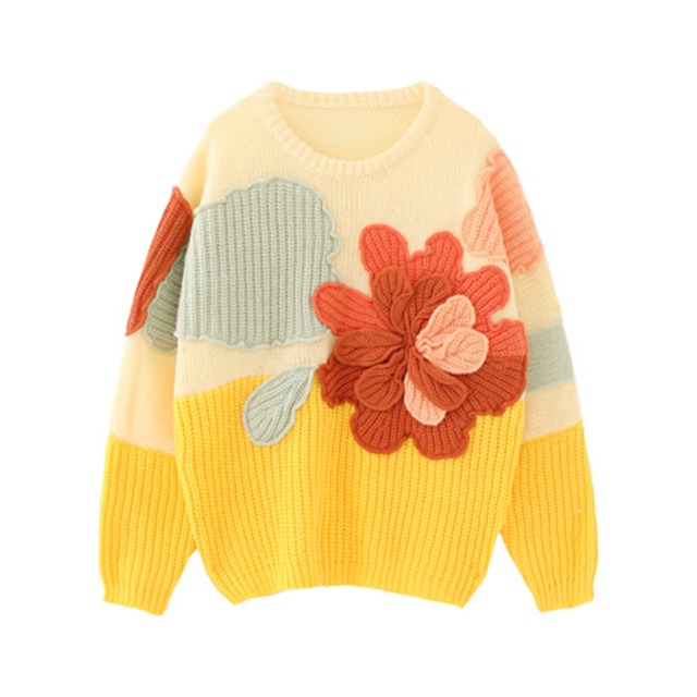 Yellow Colorblock Floral Sweater　S0162