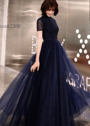 ★送料無料★M(9号)★ビーズ飾りチュールの半袖ロングドレス(OPN2419）