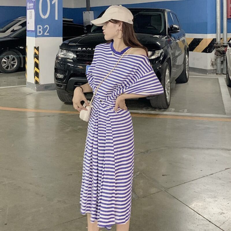 スプリングルーズストライプロングストラップレスウェストカジュアルドレス 春物 YY-ファッション97743174475