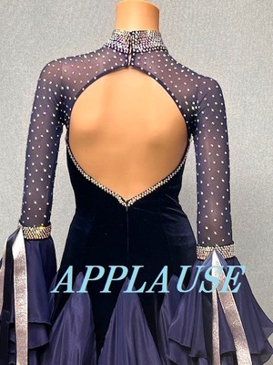 【新着】社交ダンス ドレス　スタンダード　モダンドレス　ネイビーベルベット（袖フリル）　M  ST-25-21  デモ・競技用ドレス　発表会衣装　パーティドレス　ワンピース　舞台衣装