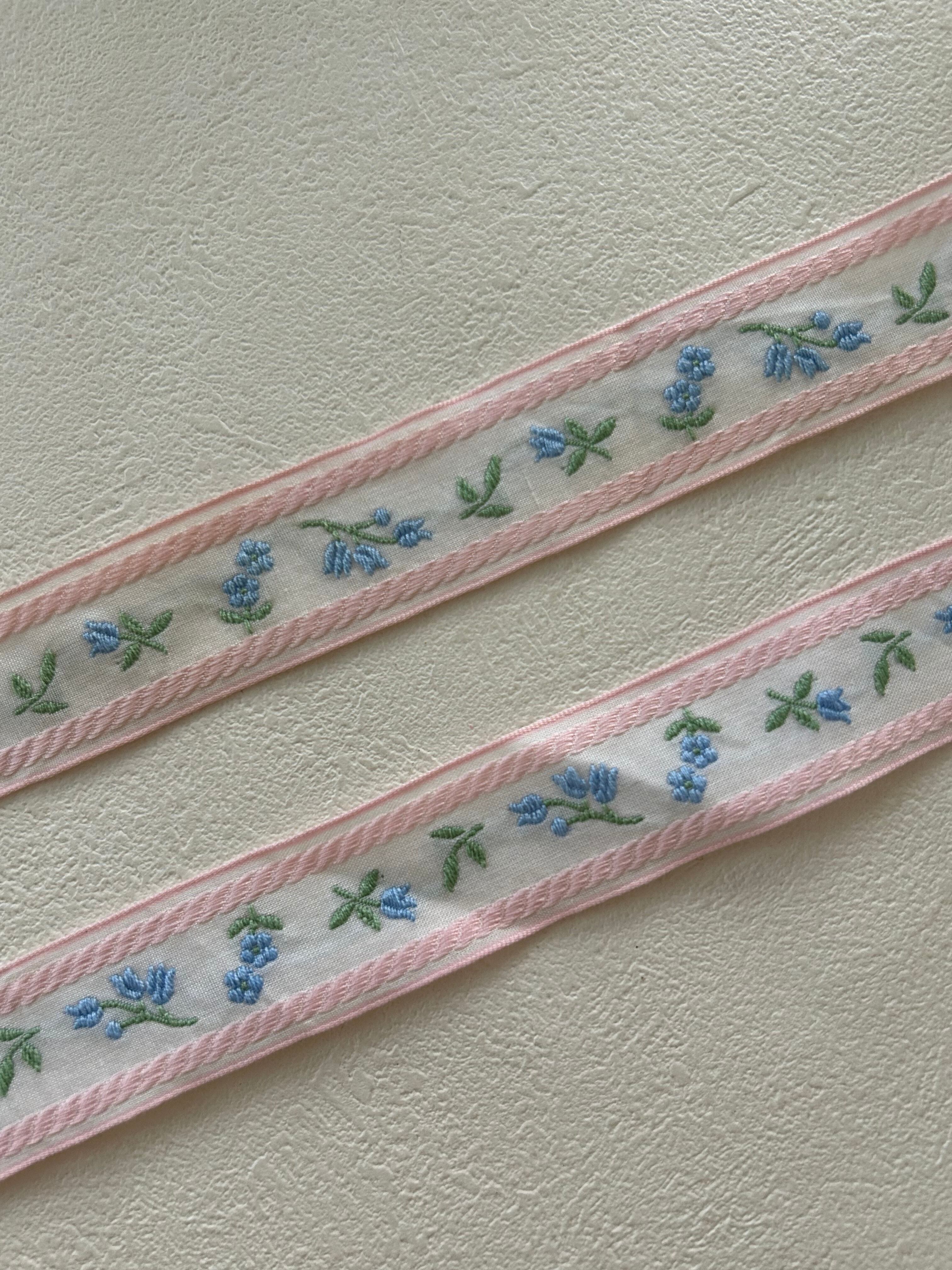 フランスVintage Ruban ヴィンテージリボン ライトブルーブルーの小花 ピンク 28mm カルトナージュ デコレーション材