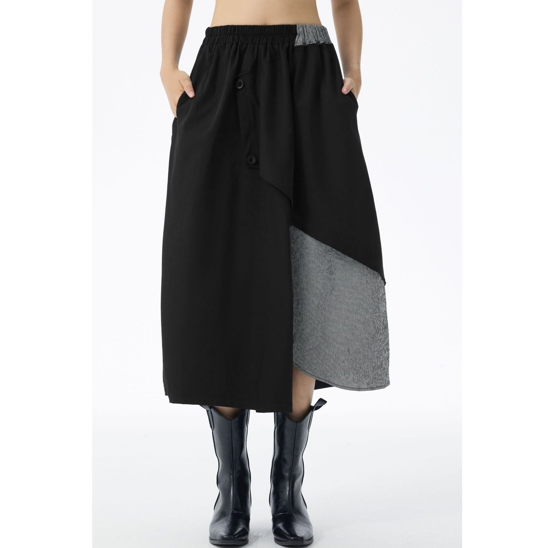 CONTRAST STITCH ELASTIC WAIST MIDI DESIGN SKIRT 2colors M-15146