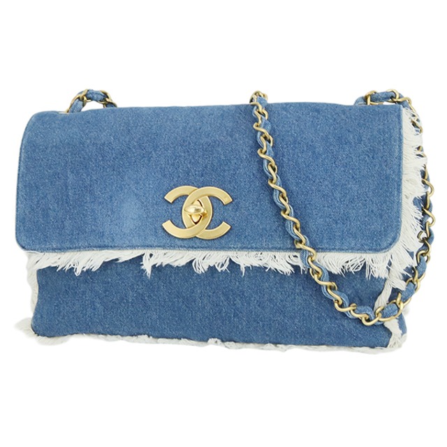 Vintage CHANEL シャネル フリンジシングルチェーンバッグ デカマトラッセ デニム ブルー マットゴールド金具 美品