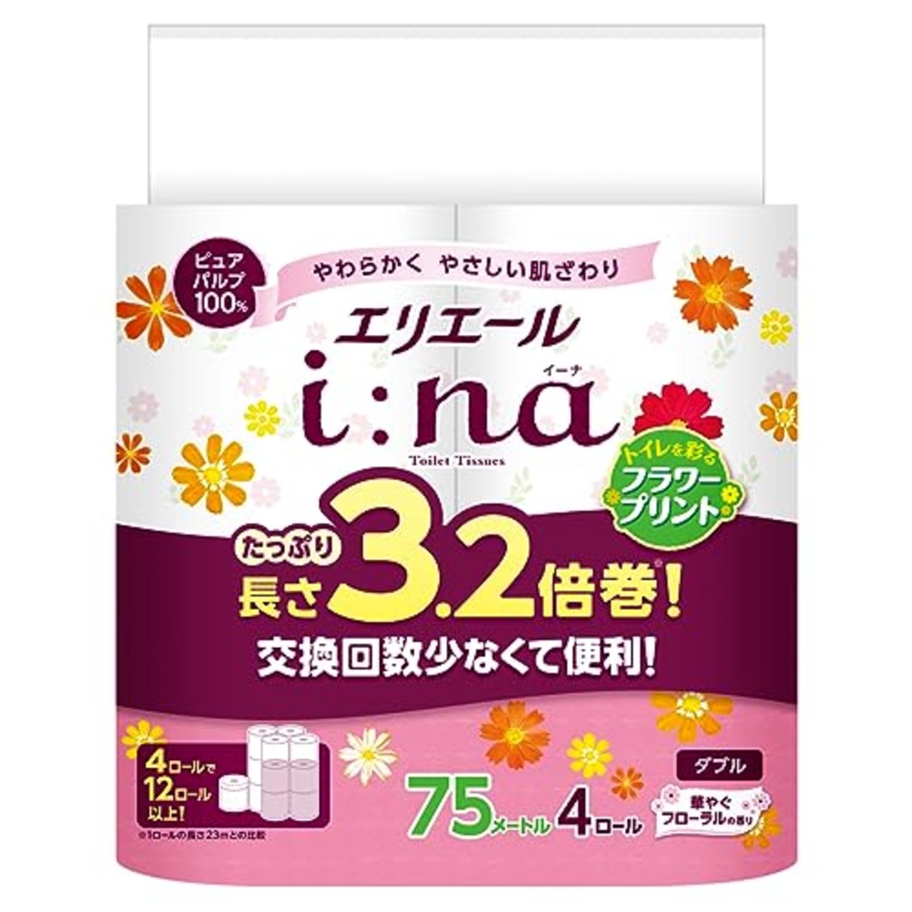 エリエール トイレットペーパー i:na(イーナ) フラワープリント 3.2倍巻き 75m×4ロール ダブル パルプ100% 華やかなフローラルの香り