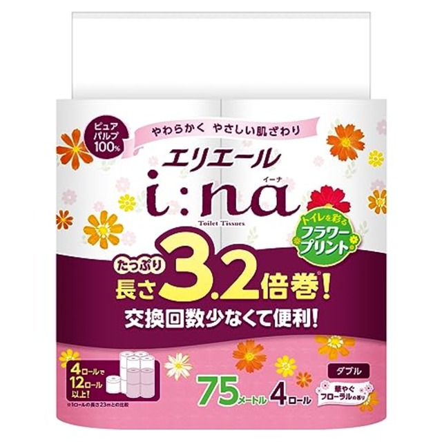 エリエール トイレットペーパー i:na(イーナ) フラワープリント 3.2倍巻き 75m×4ロール ダブル パルプ100% 華やかなフローラルの香り