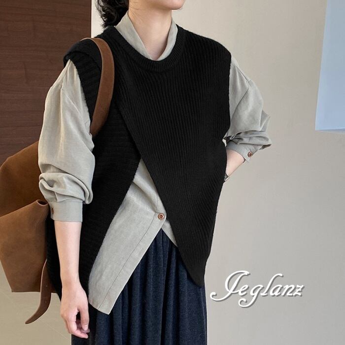 4色 ニット ジレ ベスト ノーカラースリット バックシャン (MA977)τ