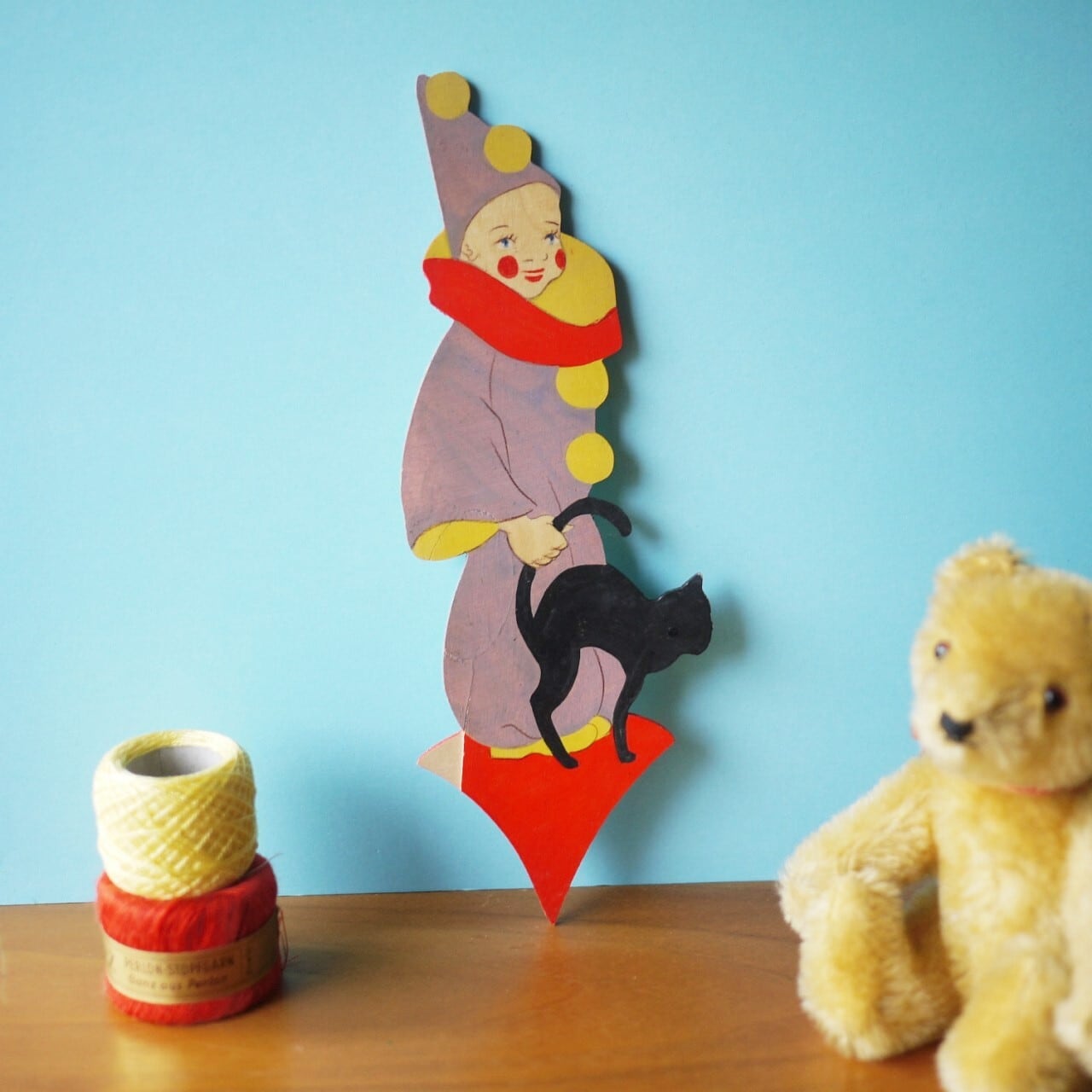 黒猫とピエロ MertensーFRIES 壁飾り板絵 Märchen-Holzbild