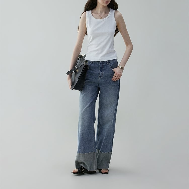 High waist cuffed hem wide pants BO0302