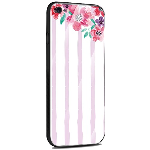 Jenny Desse iPhone XR ケース カバー 背面強化ガラスケース  背面ガラスフィルム シリコンハイブリッドケース 対応 sim free 対応 花とストライプ（パープル）
