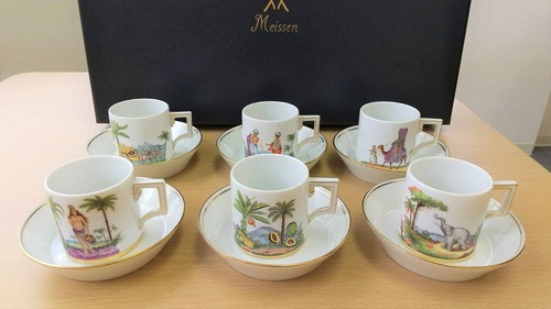 【USED/美品】MEISSEN マイセン デミタスカップ ティーカップ ソーサー 魅惑のアフリカ 6客セット 世界限定50個 磁器 21-2072