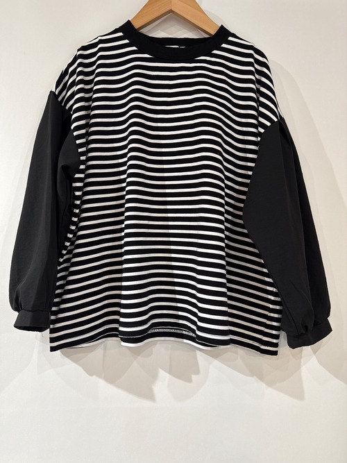 送料無料：sabbatum/タックスリーブプルオーバー　ブラックｘオフホワイト