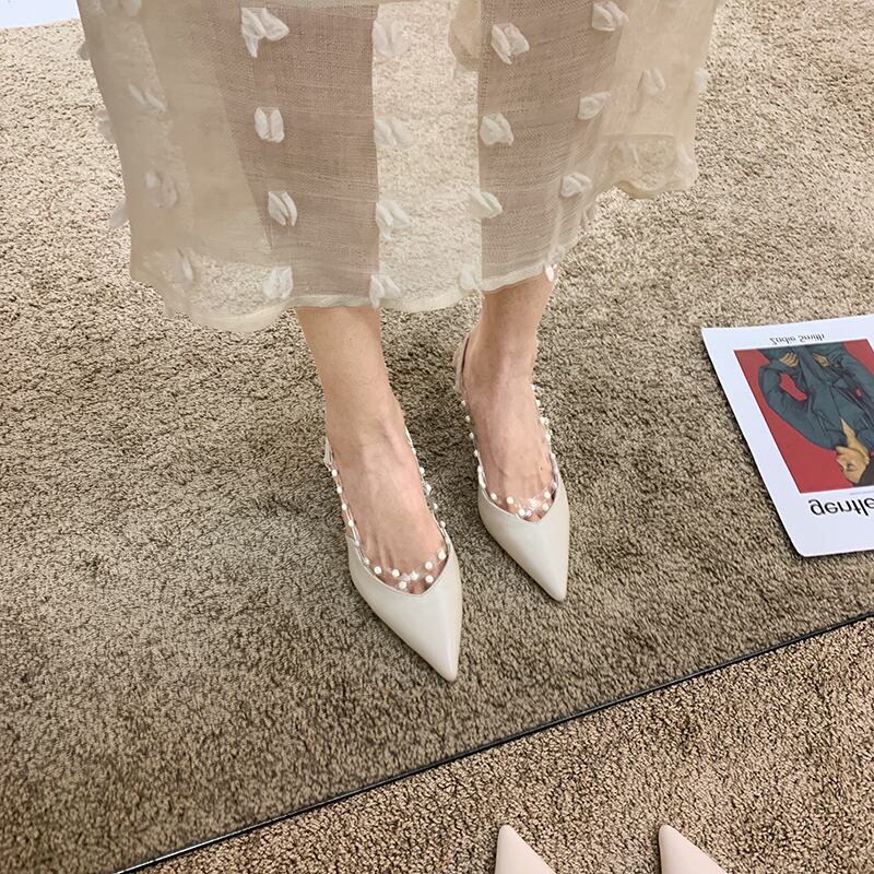 サンダルサマーラインストーンレッドパールヒール ハイヒール 靴 シューズ 夏物 真珠 フェイクシューズ32134799006