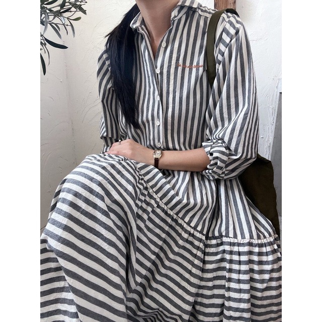 ストライプ ティアード シャツワンピース／2col　M03012