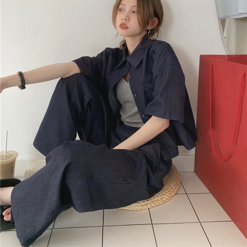 送料無料 楽ちん大人っぽ デニム セットアップ ショート丈 トップス ワイドパンツ カジュアル お洒落 大人女子 かっこいい Lamitte Deco トレンド 韓国ファッション ショップ Base店
