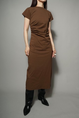 HALF SLEEVE GATHER DRESS (BROWN) 2403-31-91