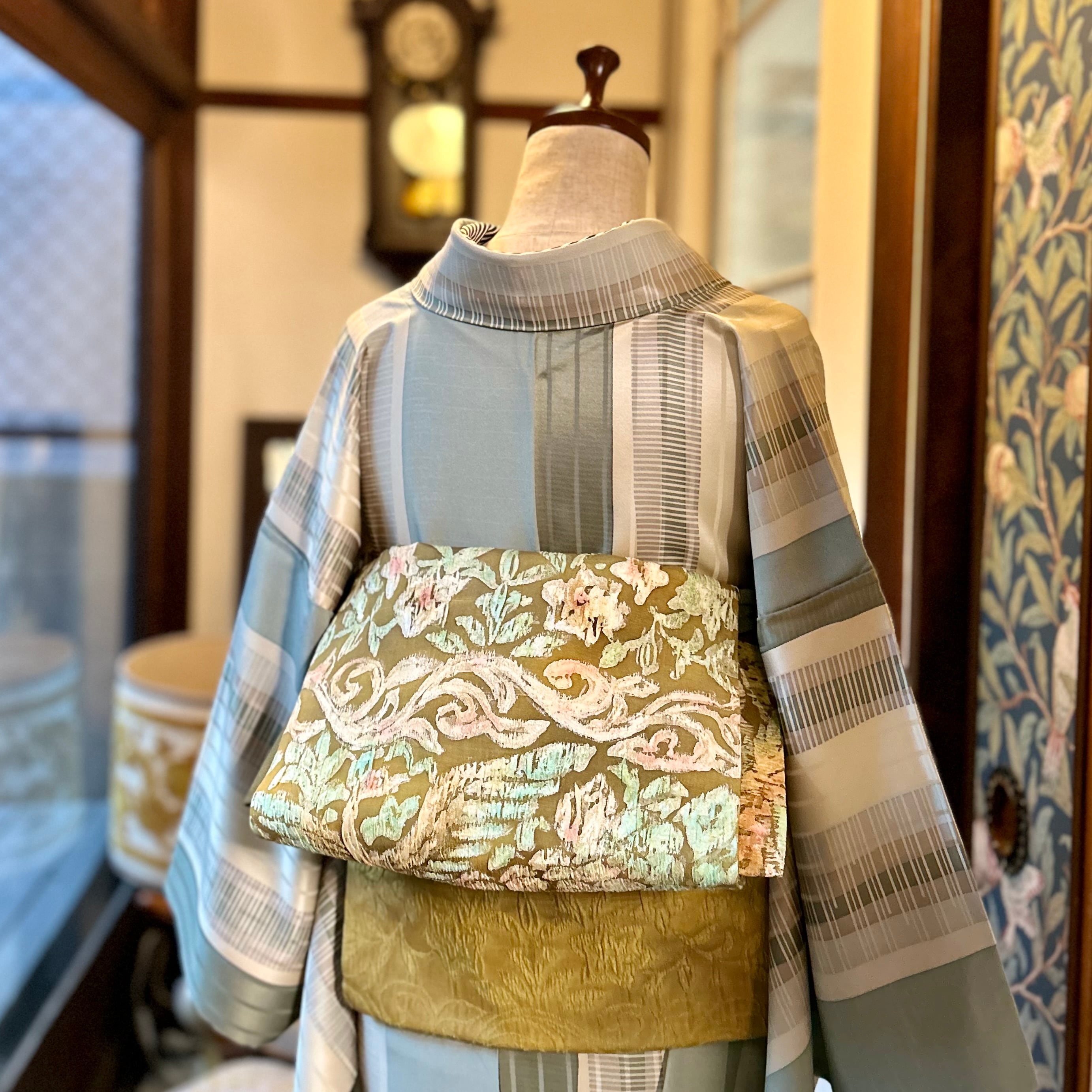 かくれんぼの鳥*ふくれ織 花草模様 オリーブ カーキ リサイクル かくれんぼの鳥*ふくれ織 花草模様 オリーブ カーキ リサイクル