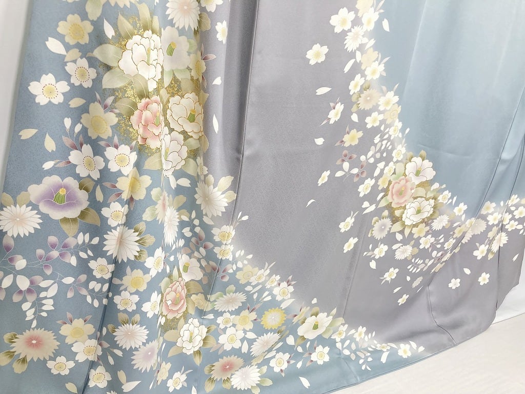 京友禅 金駒刺繍 染め分け トールサイズ 花柄 訪問着 正絹 水色 グレー