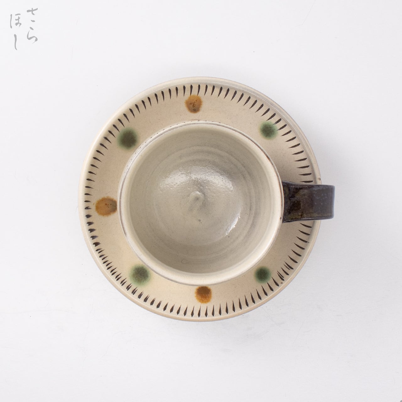 小鹿田焼 小袋窯【コーヒーカップ＆ソーサーセット】飛びかんな 赤青