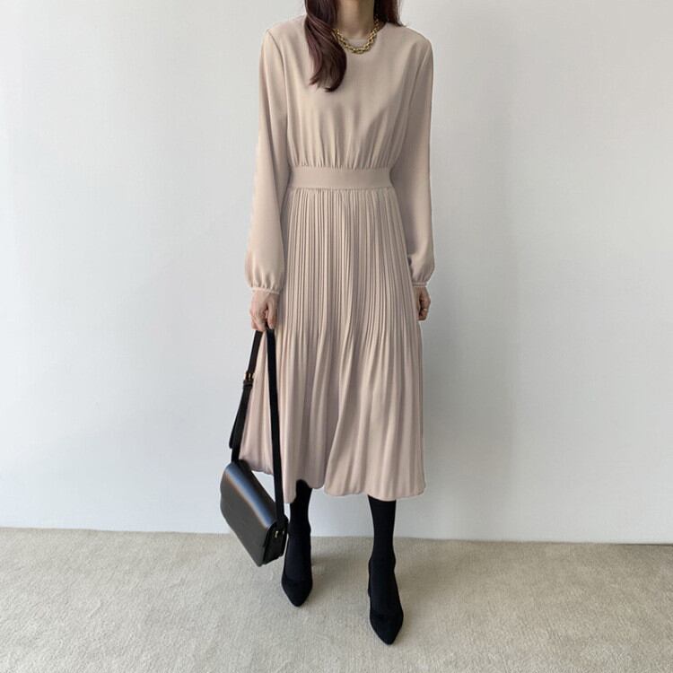 ワンピース プリーツワンピース 韓国風 レディース服 ラウンドネック プリーツ おしゃれ