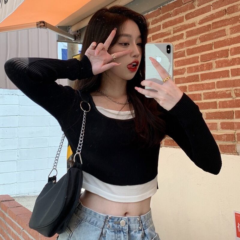 オータムスタイルストラップレススリムショートニットセーター トップス レディース ロング 秋物 ハンチェンe22370327544