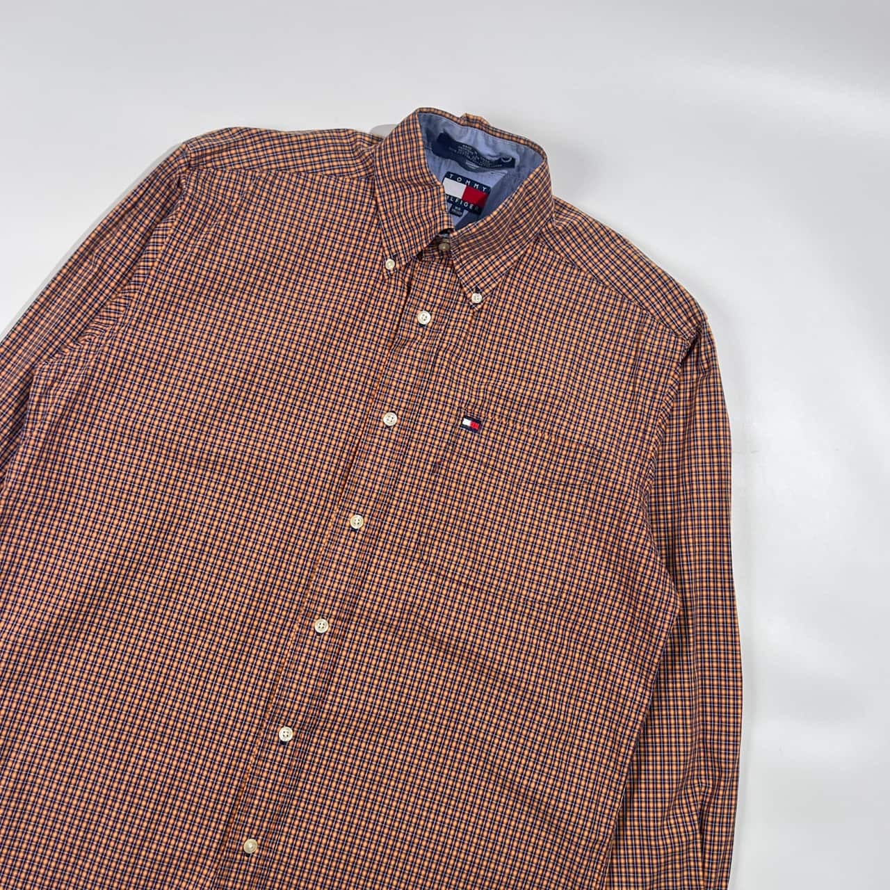 90s TOMMY HILFIGER トミーヒルフィガー フラッグ刺繍 チェック柄 長袖 ボタンダウンシャツ XS /オレンジ×ネイビー系 メンズ ビンテージ