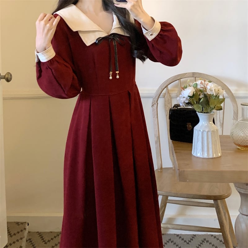 ロングワンピース レディース ロング ワンピース 襟付き リボン ロングワンピース レディース ロング ワンピース 襟付き リボン
